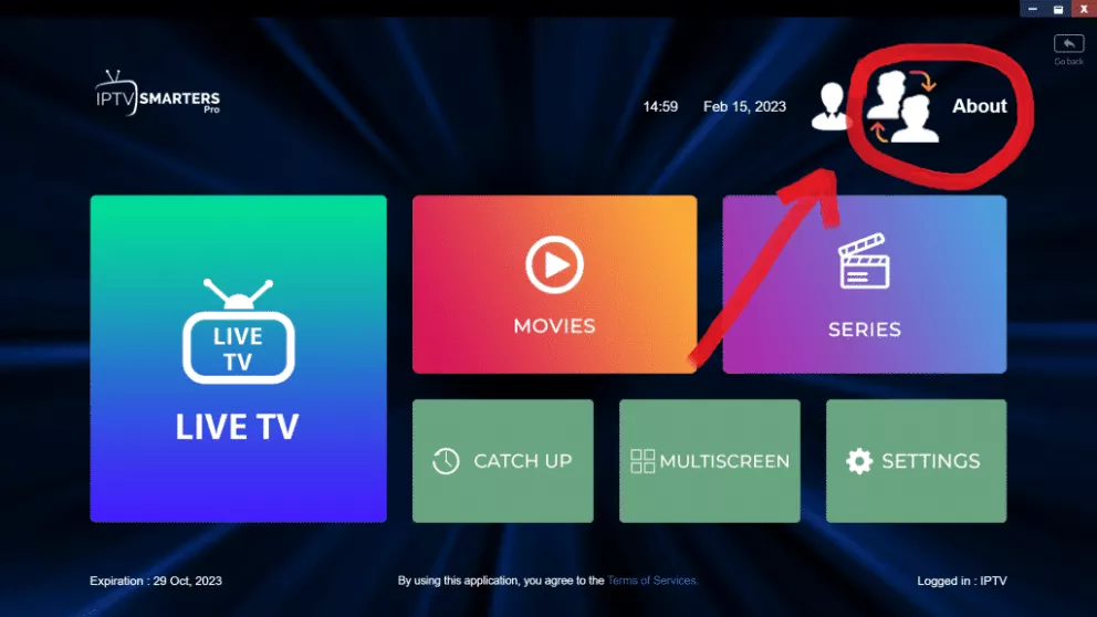 Step 1: Log in to your IPTV Smarters Pro account and go to switch user portals.