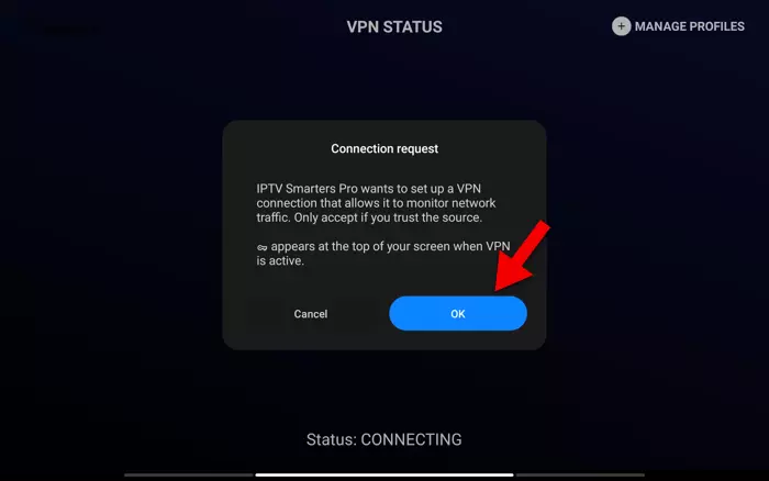 Erlaube nun der IPTV Smarters Pro-App, eine VPN-Schnittstelle zu erstellen.